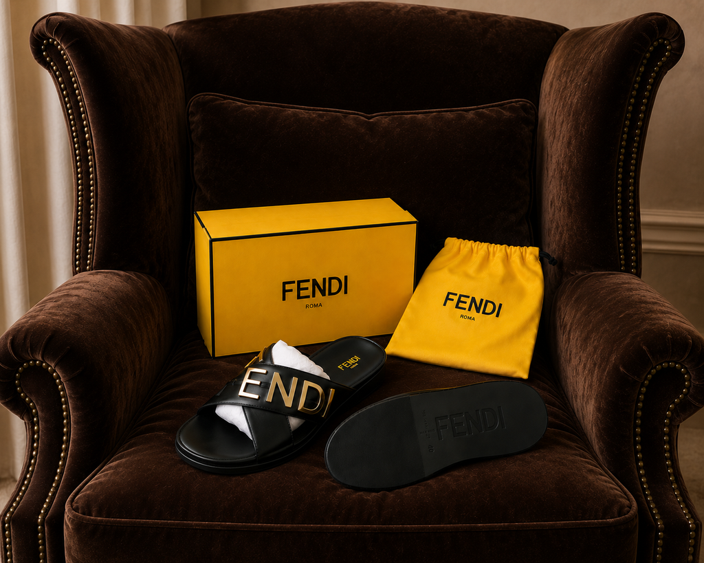 Fendigraphy Black Leather Slides