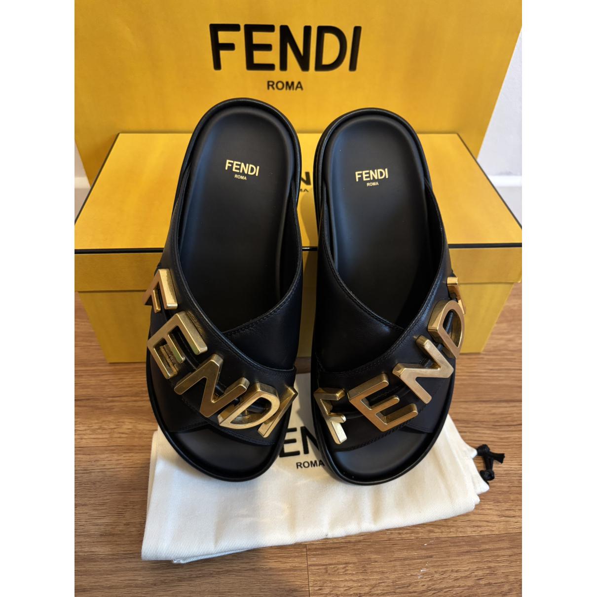 Fendigraphy Black Leather Slides