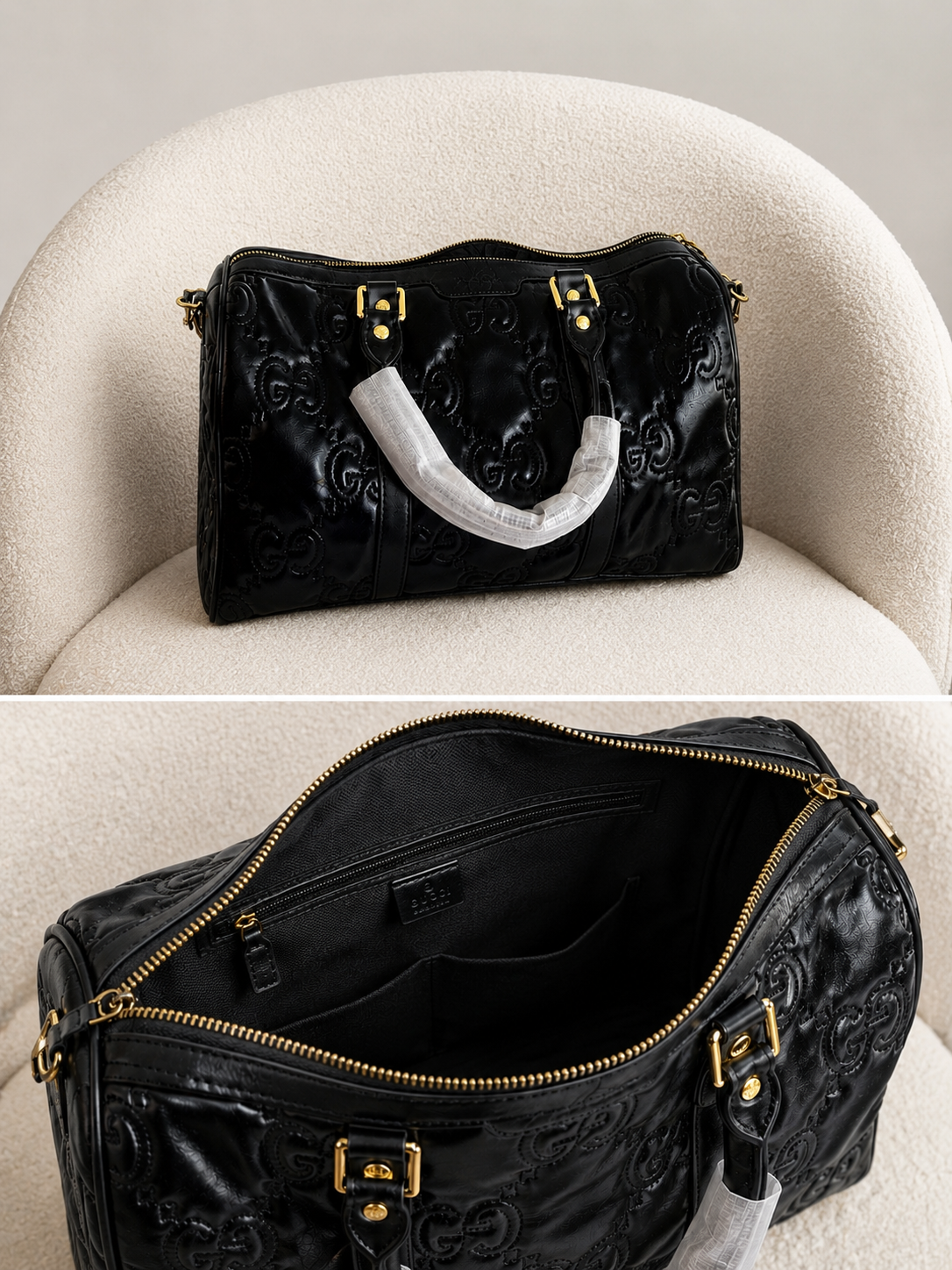 Black textured handbag with gold accents on a beige chair.