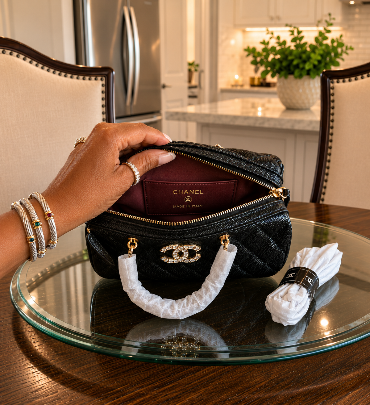 Small CC Black Caviar Quilted Barrel with Chain