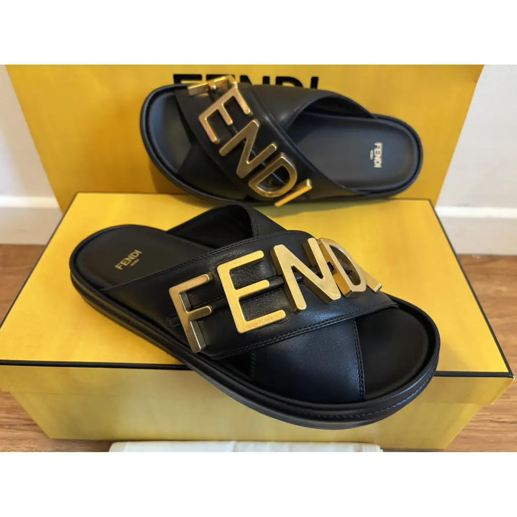 Fendigraphy Black Leather Slides